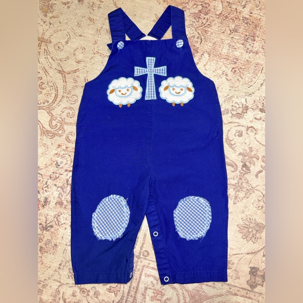 Lil Cactus Blue Overalls with Cross & Sheep Applique (Size 6-12M)